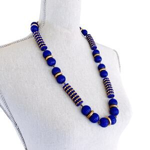 VTG 1980s Necklace Cobalt Blue Gold Tone Chunky Plastic Bead Statement 29"